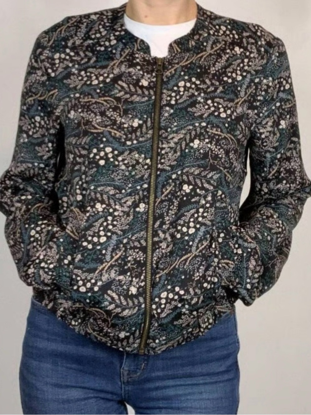 LOFT Black Floral Bomber Jacket with Teal Accents
